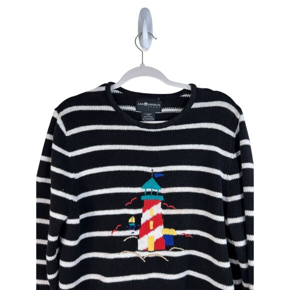 Vintage Nautical Fisherman Lighthouse Embroidered Striped Pullover Sweater M - Picture 3 of 10